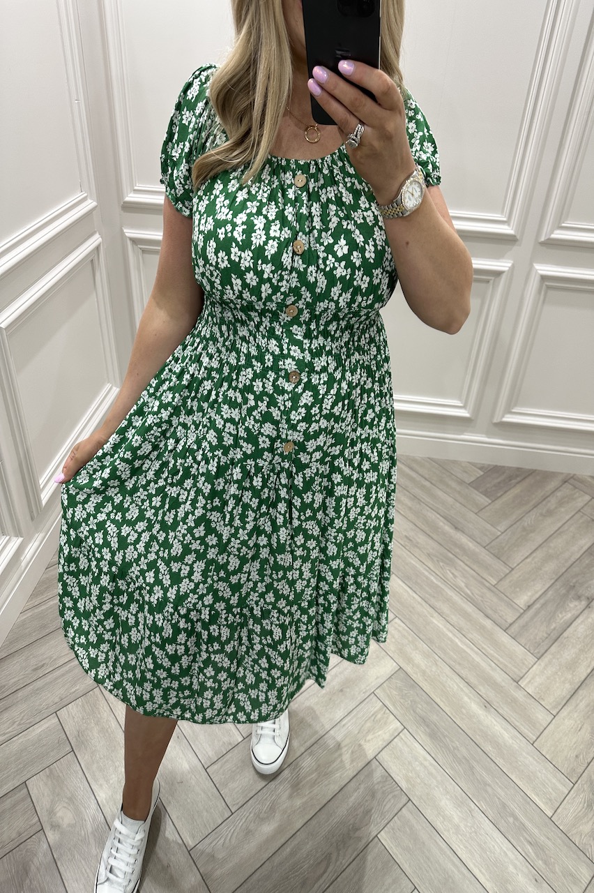 Joy Green Floral Shirred Midi Dress