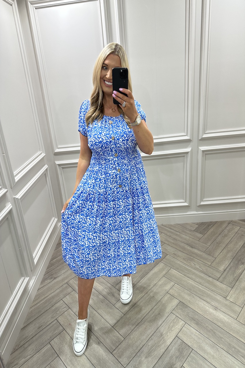 Rocio Blue Animal Shirred Midi Dress