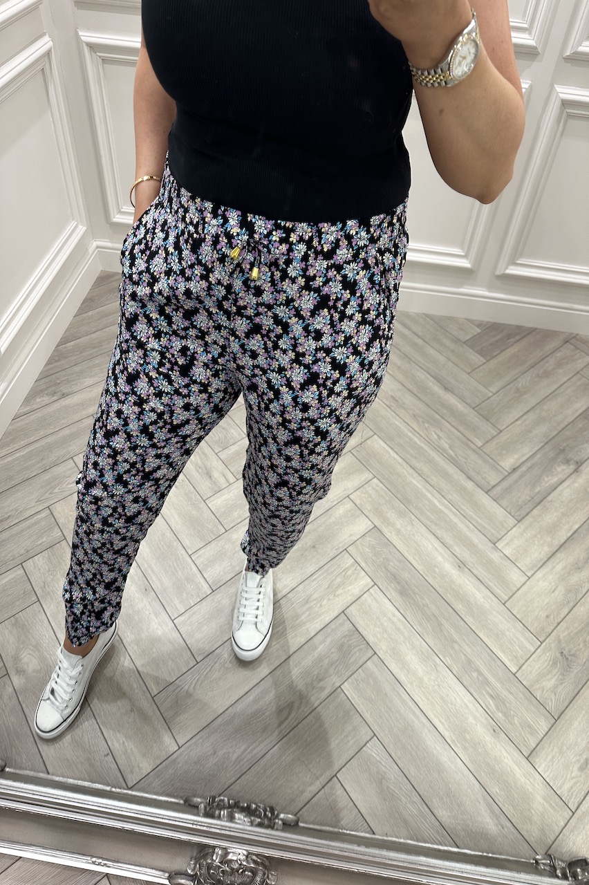 Monica Black Floral Elasticated Trousers