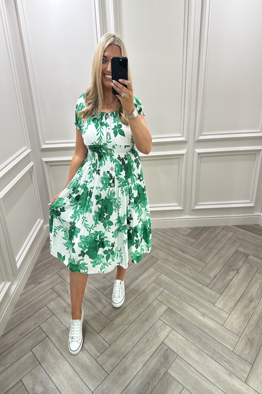 Laila Green Floral Shirred Midi Dress.