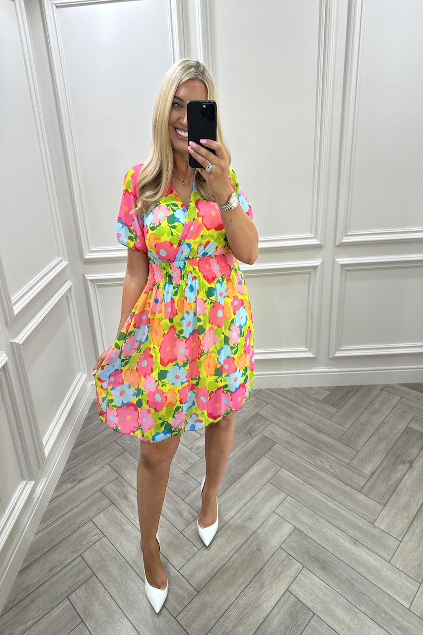 Shenel Yellow Flower Shirred Skater Dress