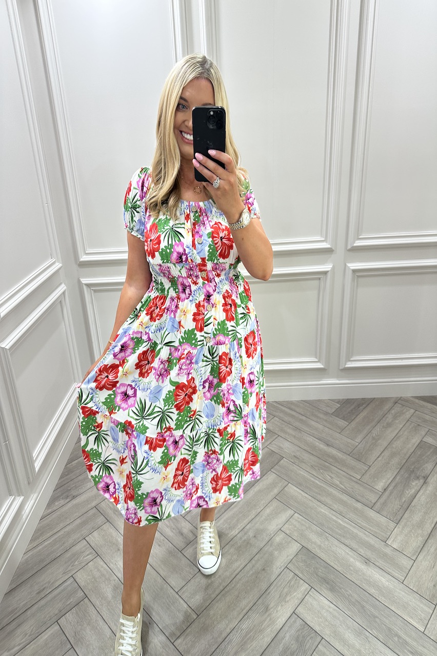 Rheya White Floral Shirred Midi Dress