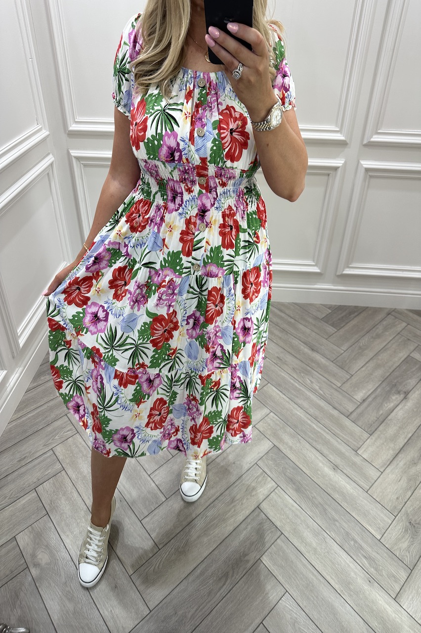 Rheya White Floral Shirred Midi Dress