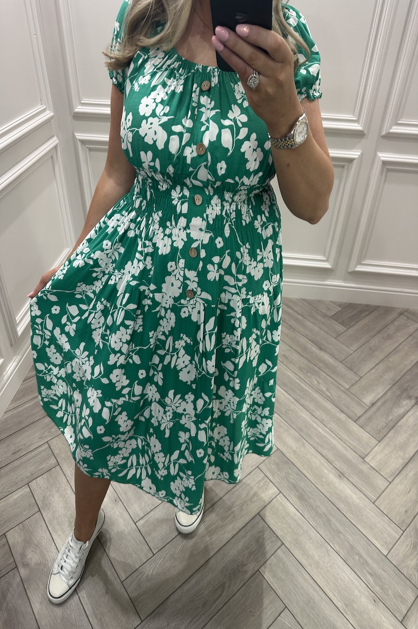 Didi Green Floral Shirred Midi Dress