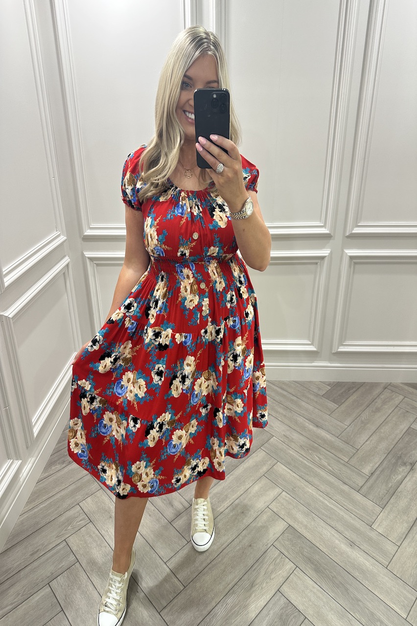 Eva Red Floral Shirred Midi Dress