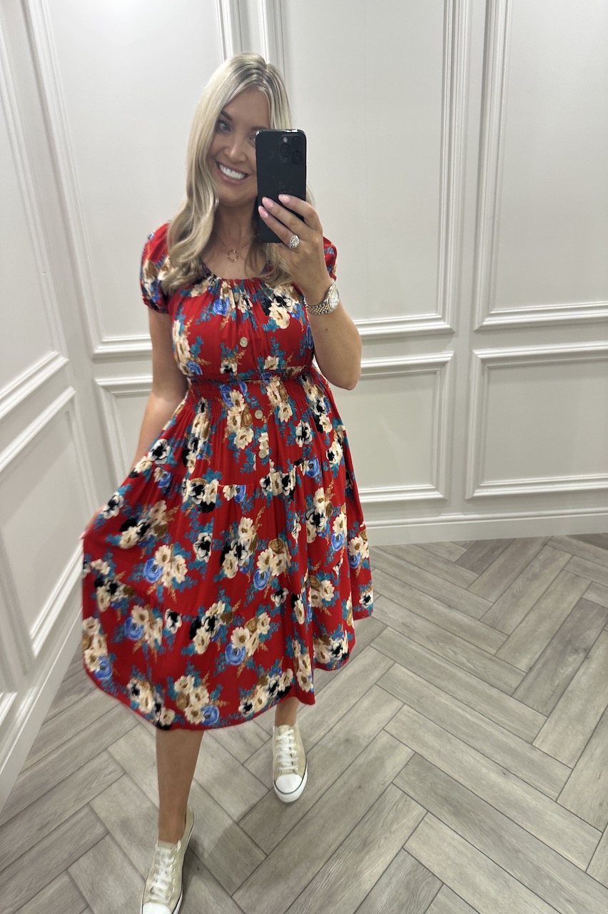 Eva Red Floral Shirred Midi Dress