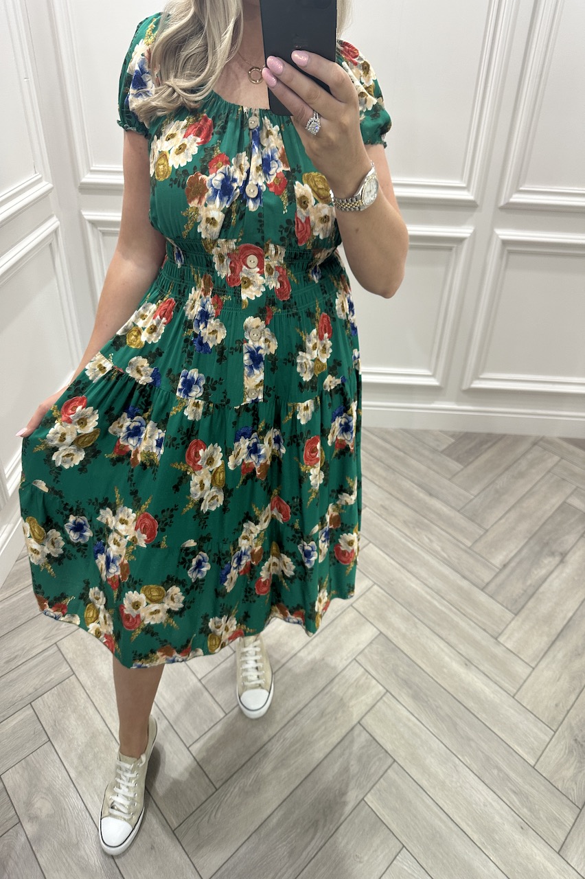 Eva Green Floral Shirred Midi Dress
