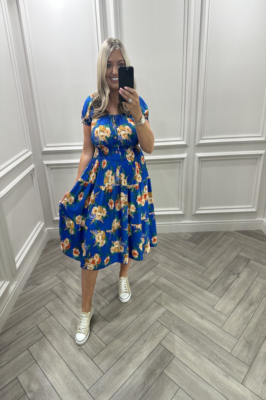 Eva Blue Floral Shirred Midi Dress