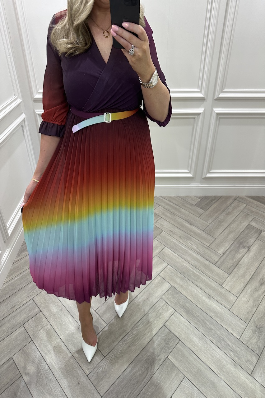 Victoria Rainbow Ombre Pleated Midi Dress
