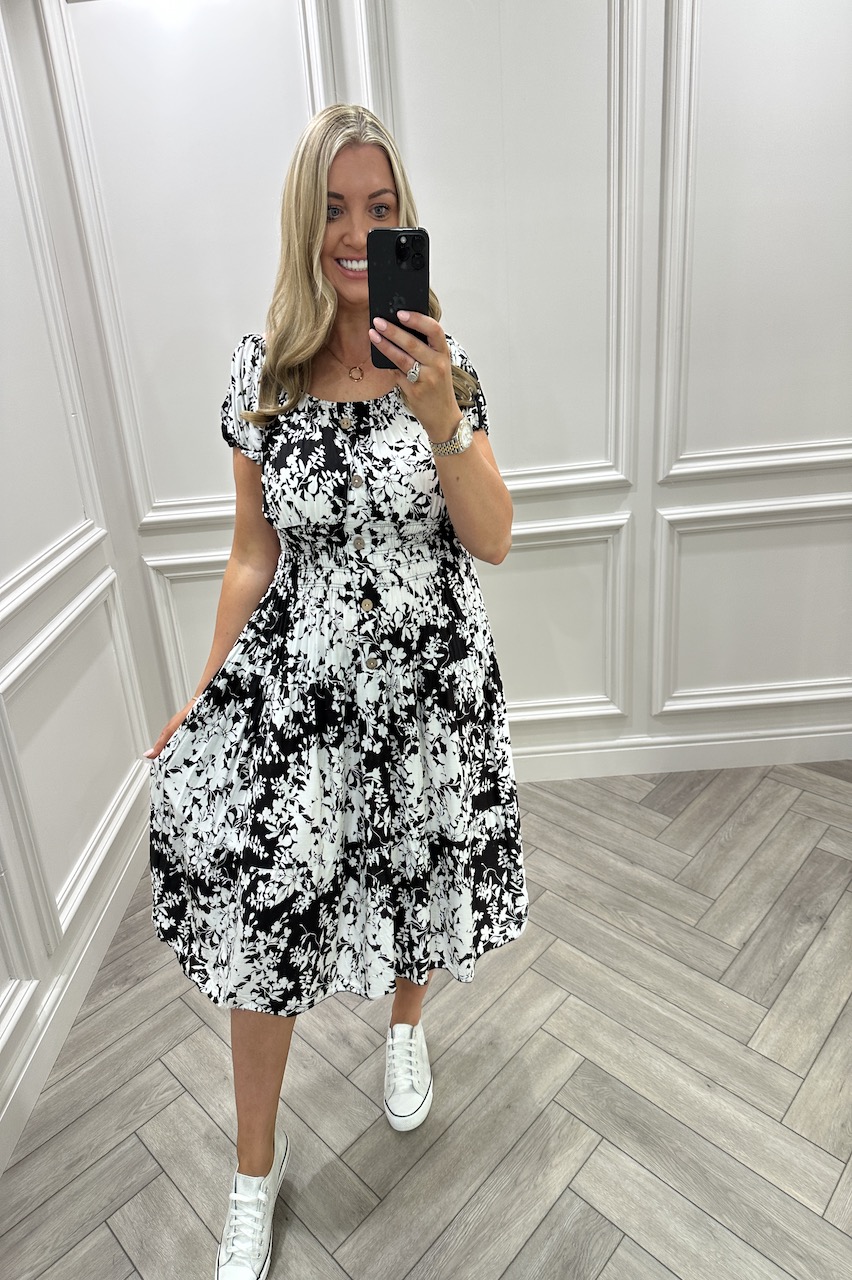 Blooming Black Shirred Midi Dress