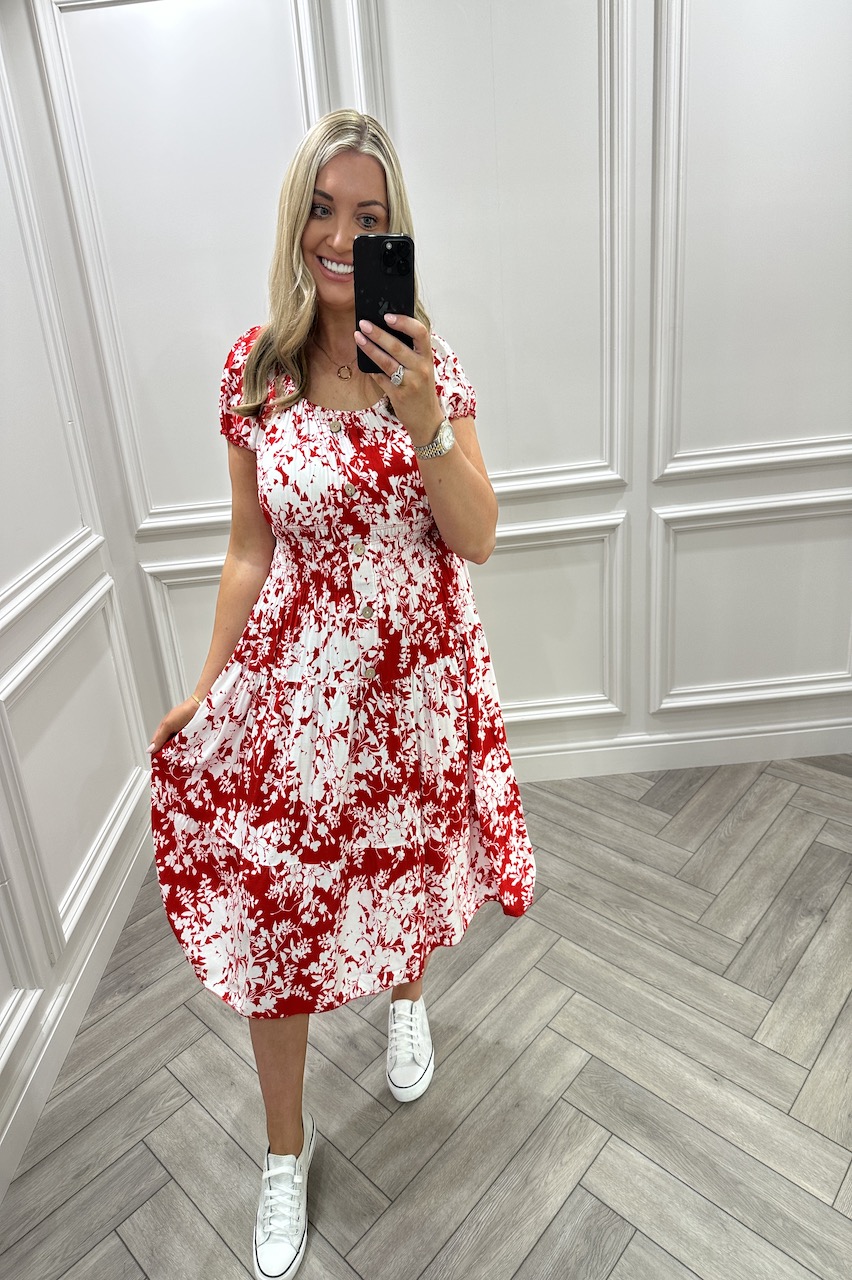 Blooming Red Shirred Midi Dress