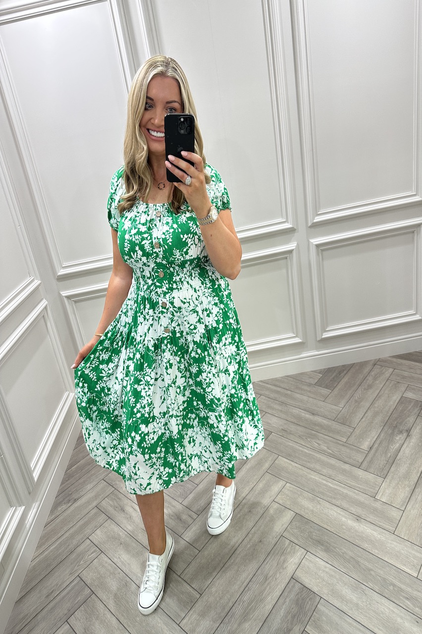 Blooming Green Shirred Midi Dress