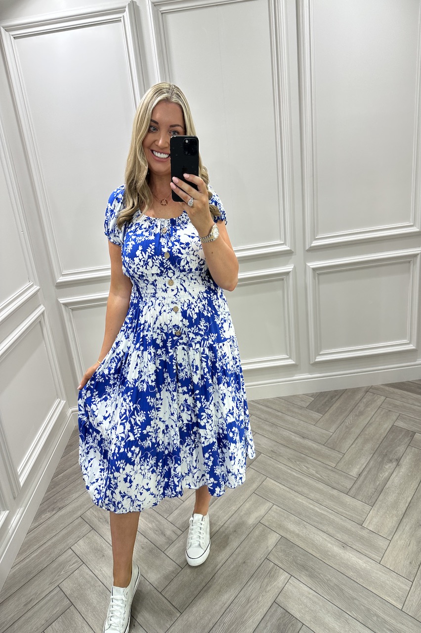 Blooming Blue Shirred Midi Dress