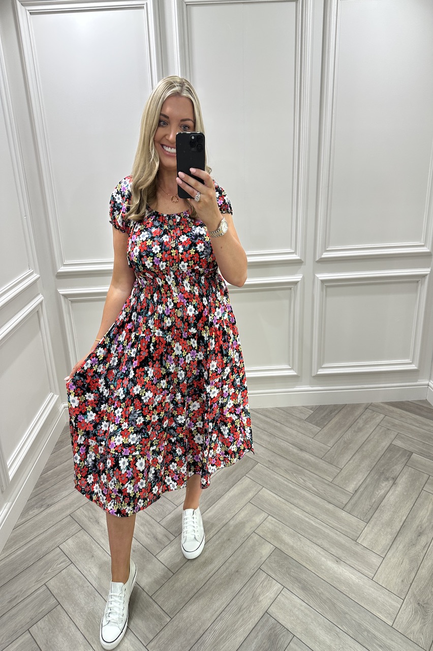 Martyna Black Floral Shirred Midi Dress