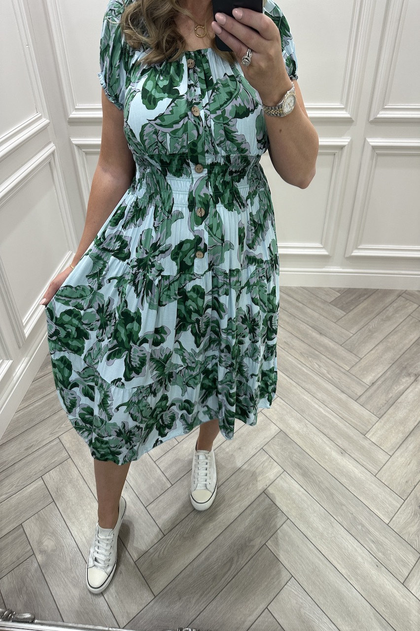 Cameron Blue & Green Leaf Shirred Midi Dress