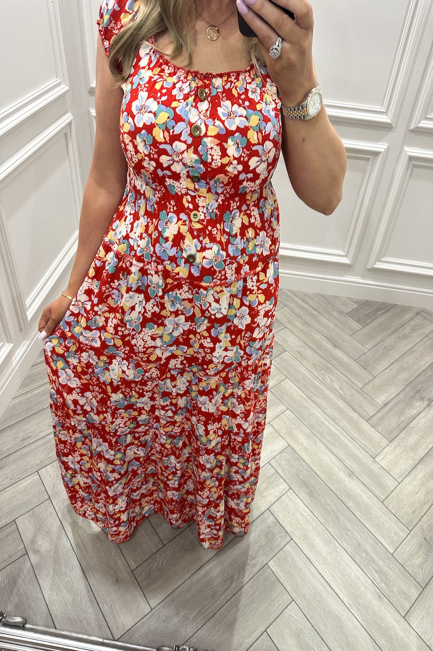 Red Gerri Floral Shirred Maxi Dress