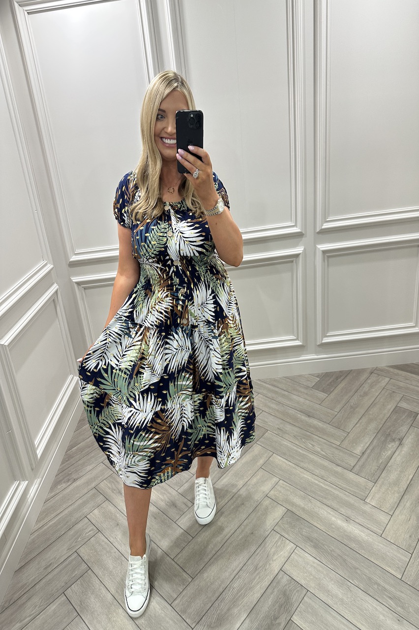 Gia Navy & Green Tropical Shirred Midi Dress