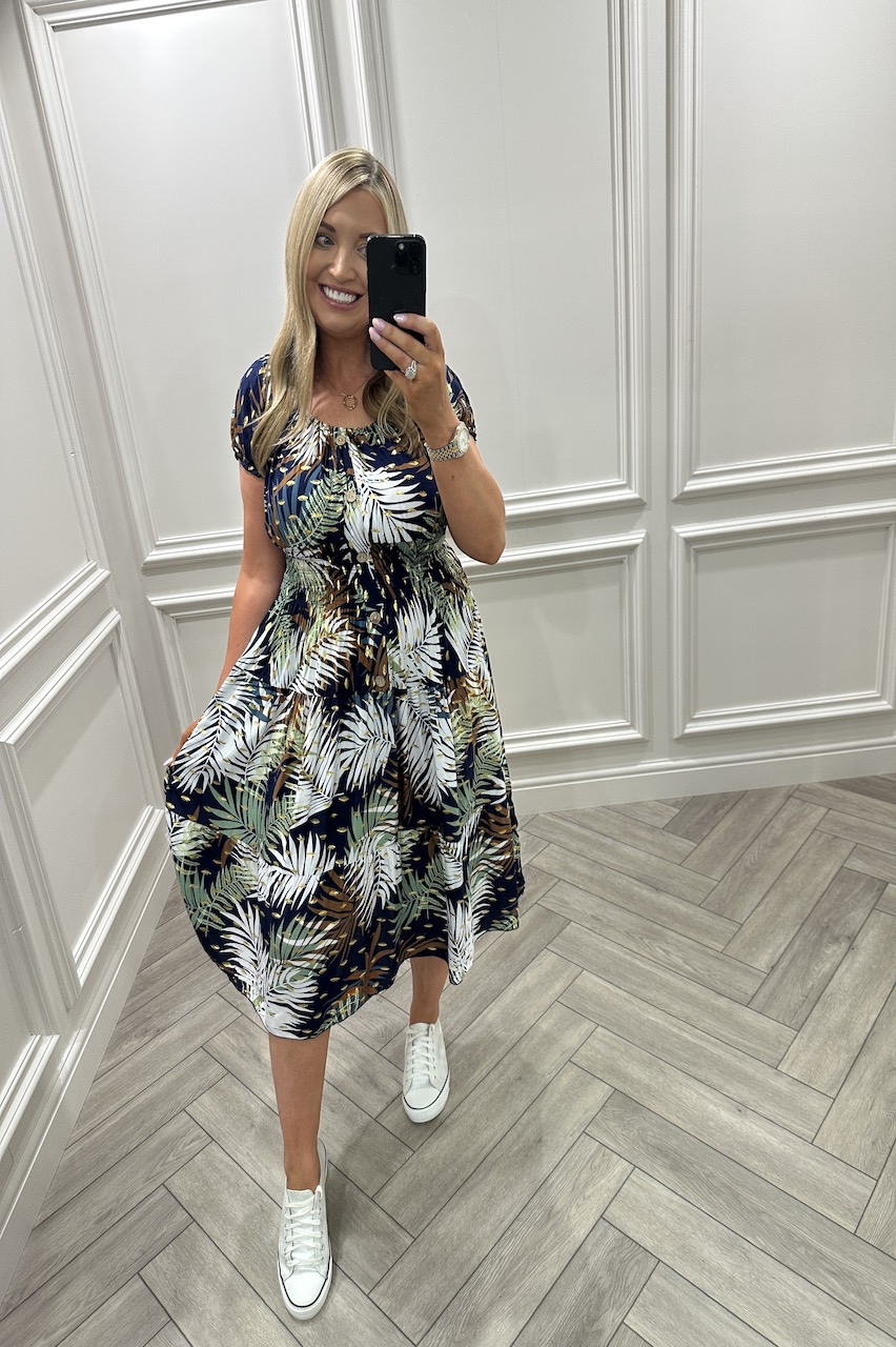 Gia Navy & Green Tropical Shirred Midi Dress