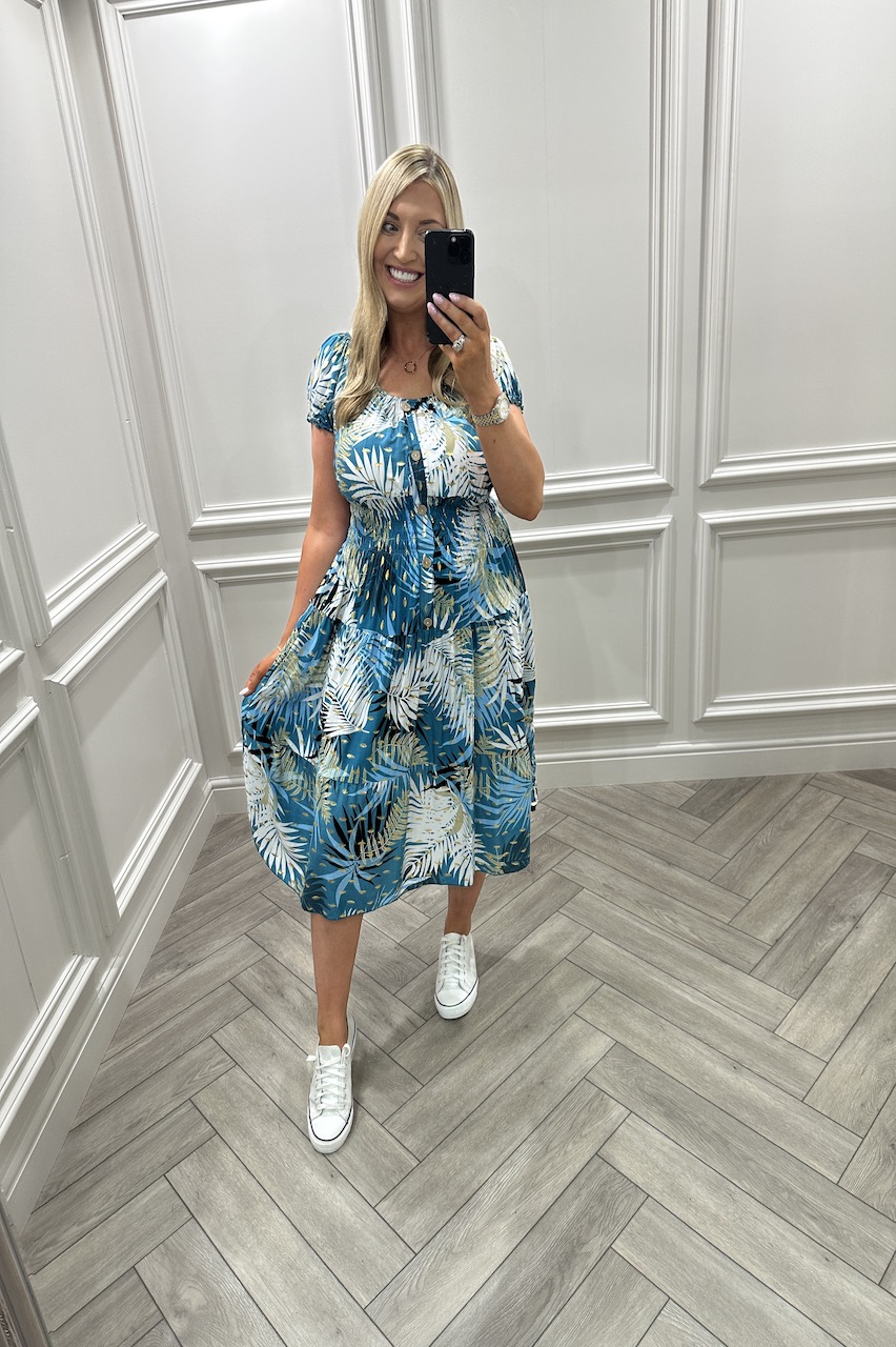 Gia Blue Tropical Shirred Midi Dress