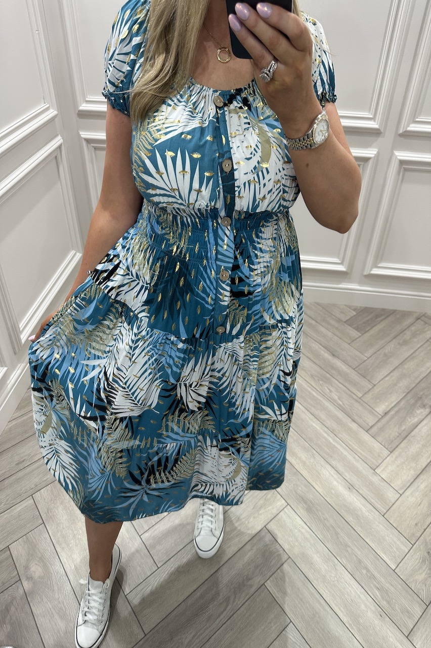 Gia Blue Tropical Shirred Midi Dress