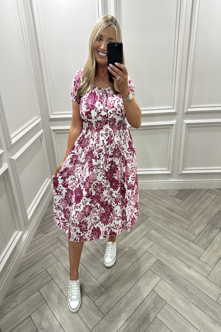 Milllan Pink Pattern Shirred Midi Dress