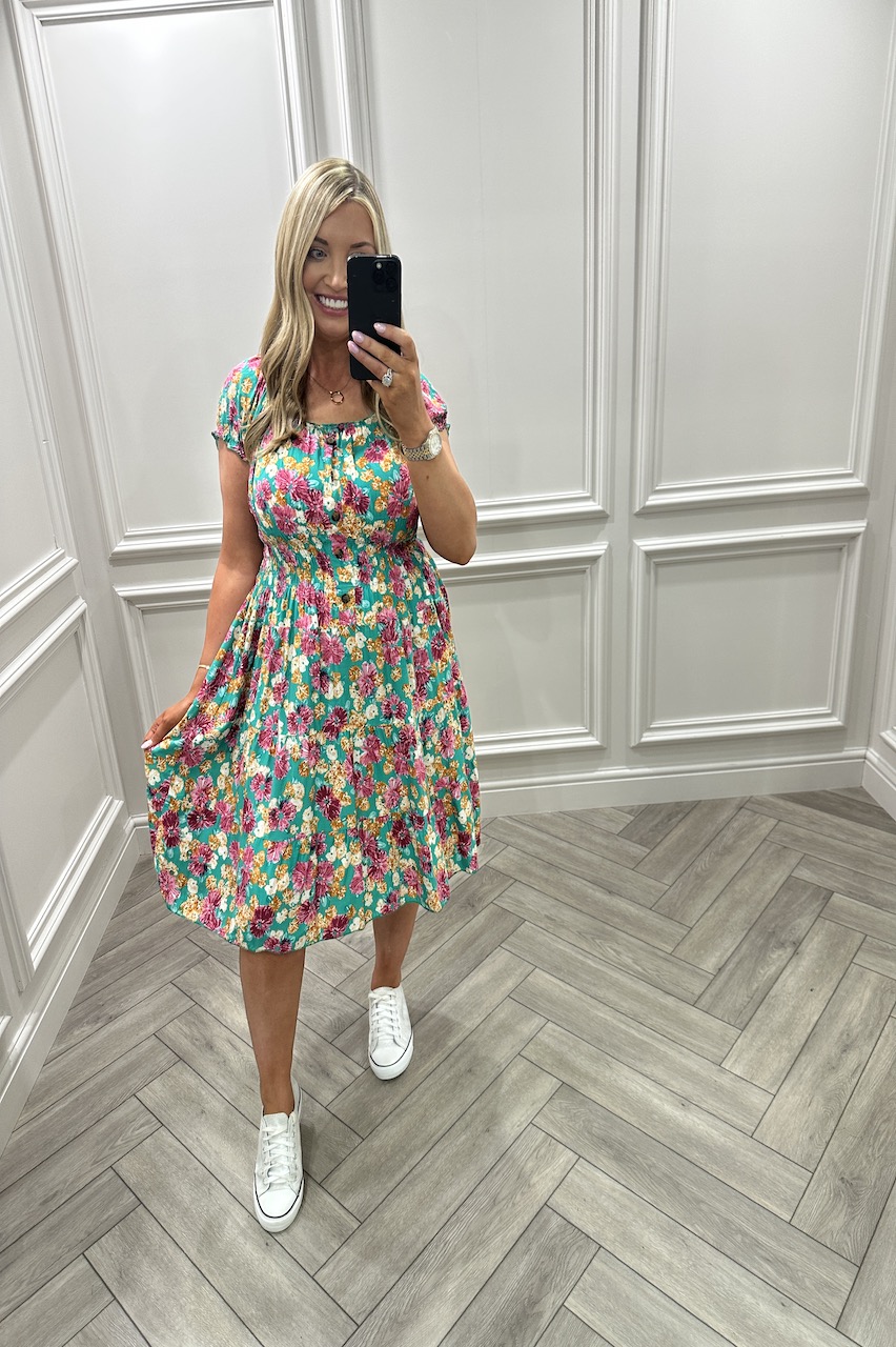 Layton Green Floral Shirred Midi Dress