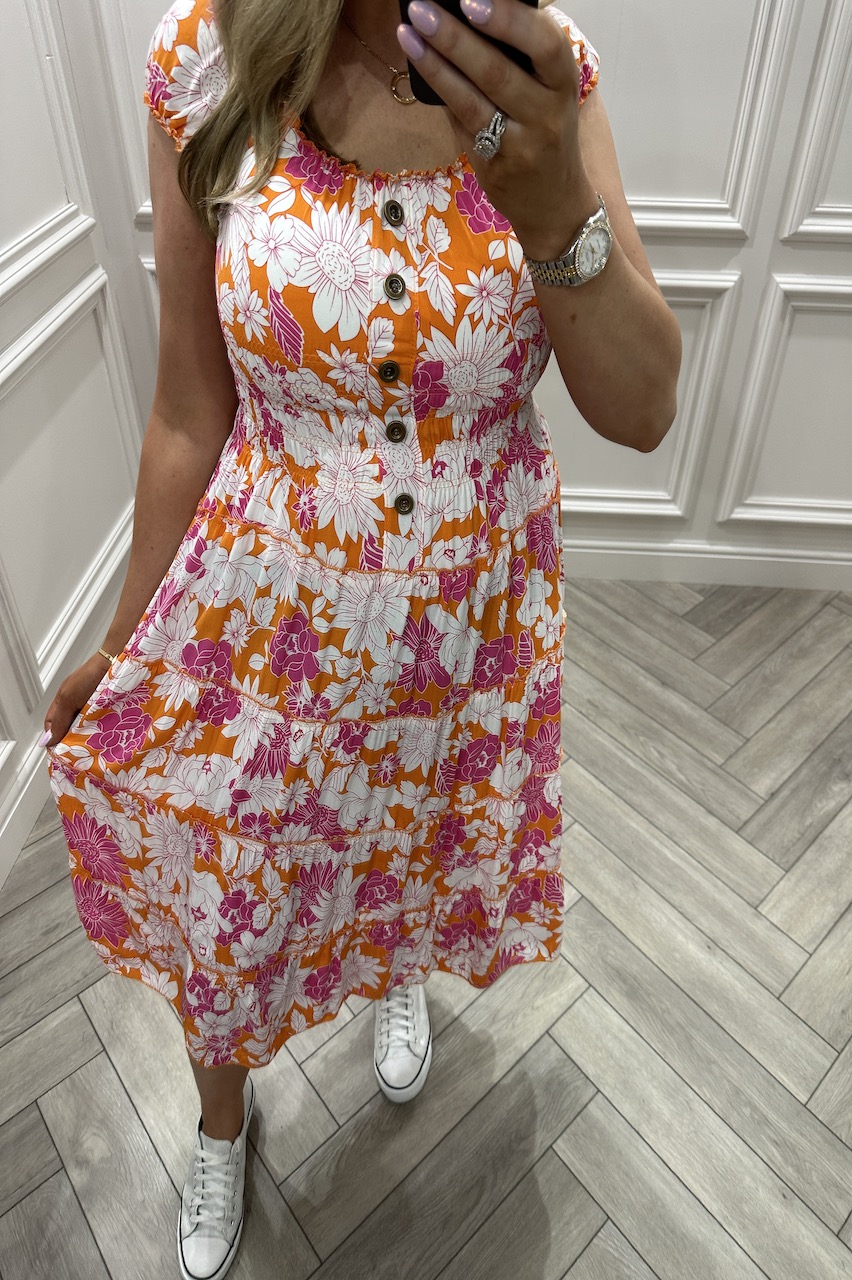 Corby Orange Floral Shirred Midi Dress