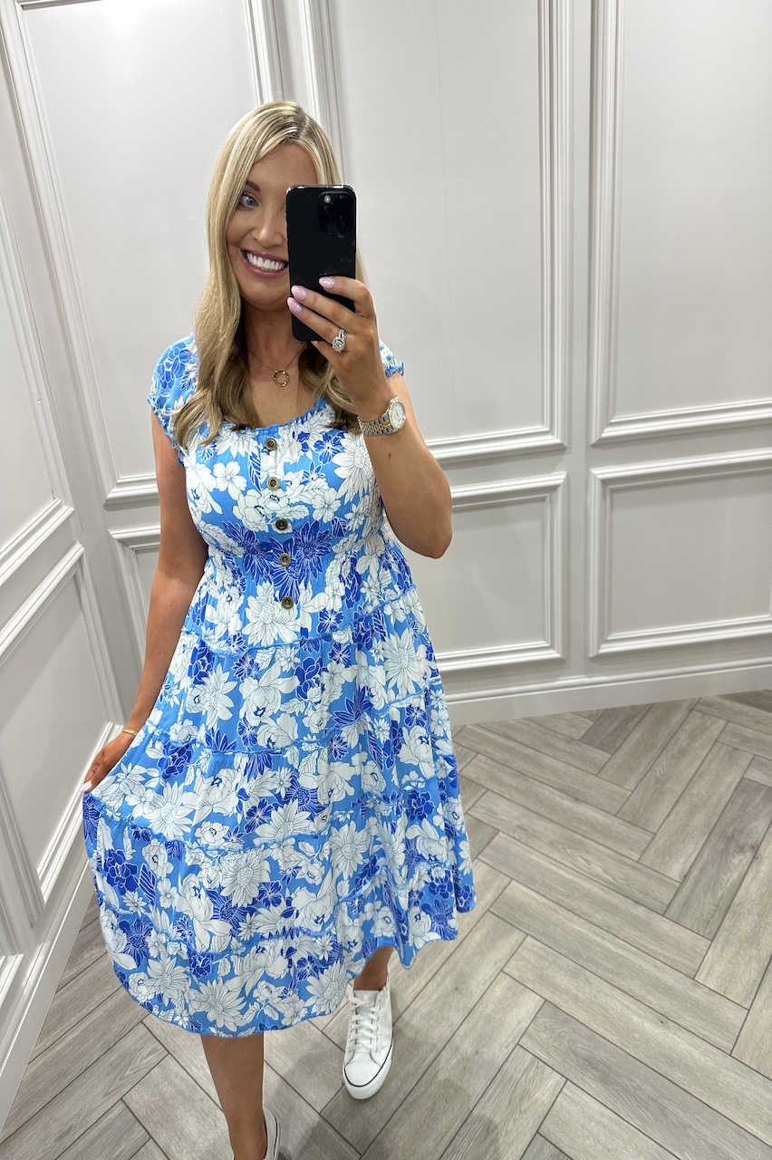 Corby Blue Floral Shirred Midi Dress