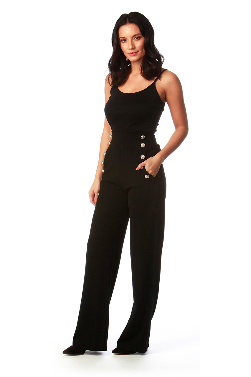 Black Button Wide Leg Trousers 