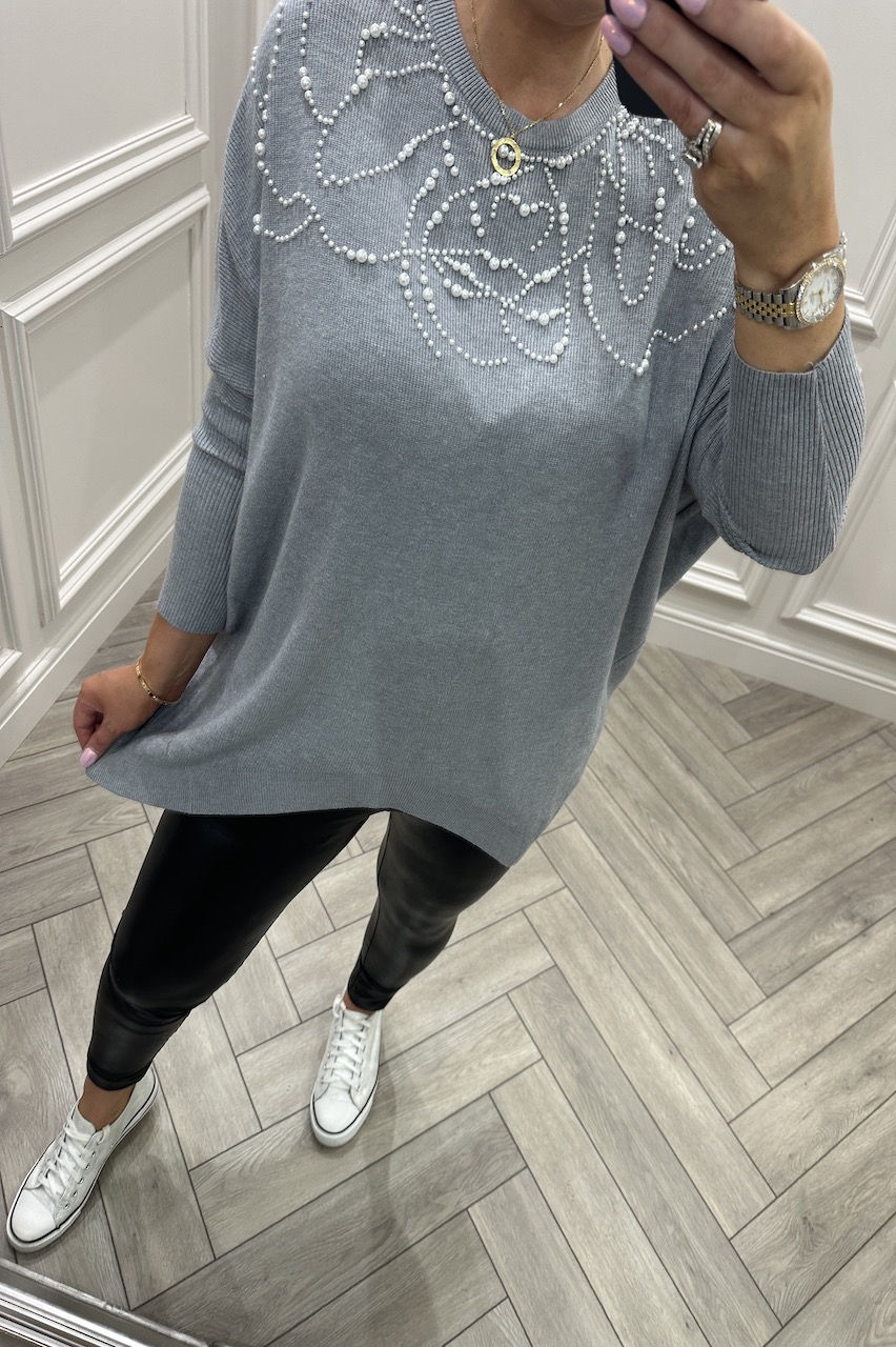 Grey Luxury Gabriella Pearl  detail Knitted Jumper