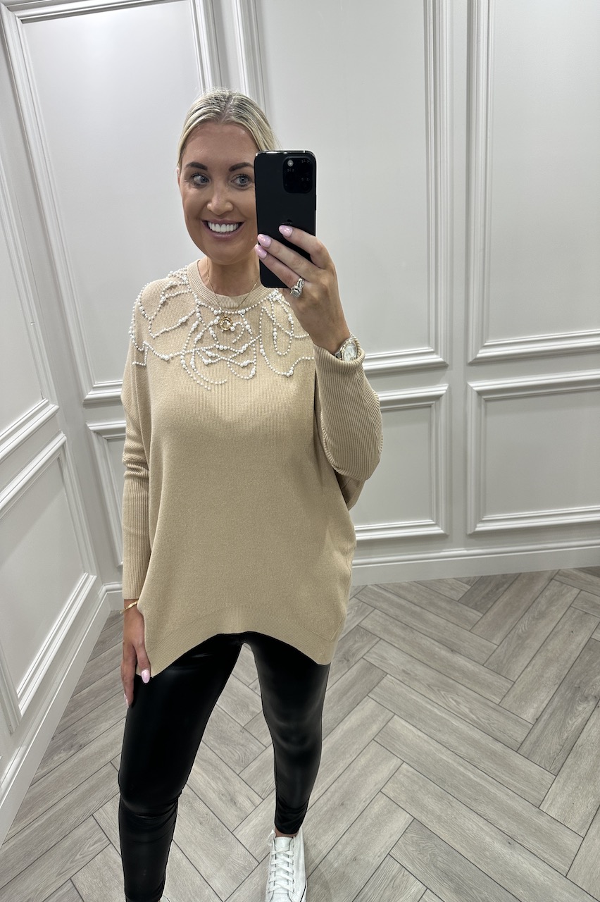 Tan  Luxury Gabriella Pearl  detail Knitted Jumper