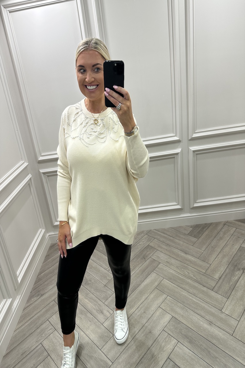 Beige Luxury Gabriella Pearl  detail Knitted Jumper