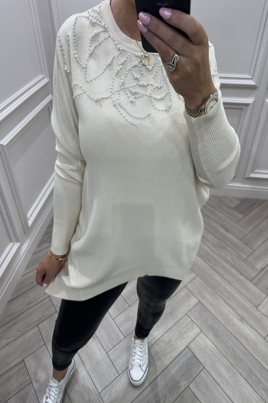 Beige Luxury Gabriella Pearl  detail Knitted Jumper