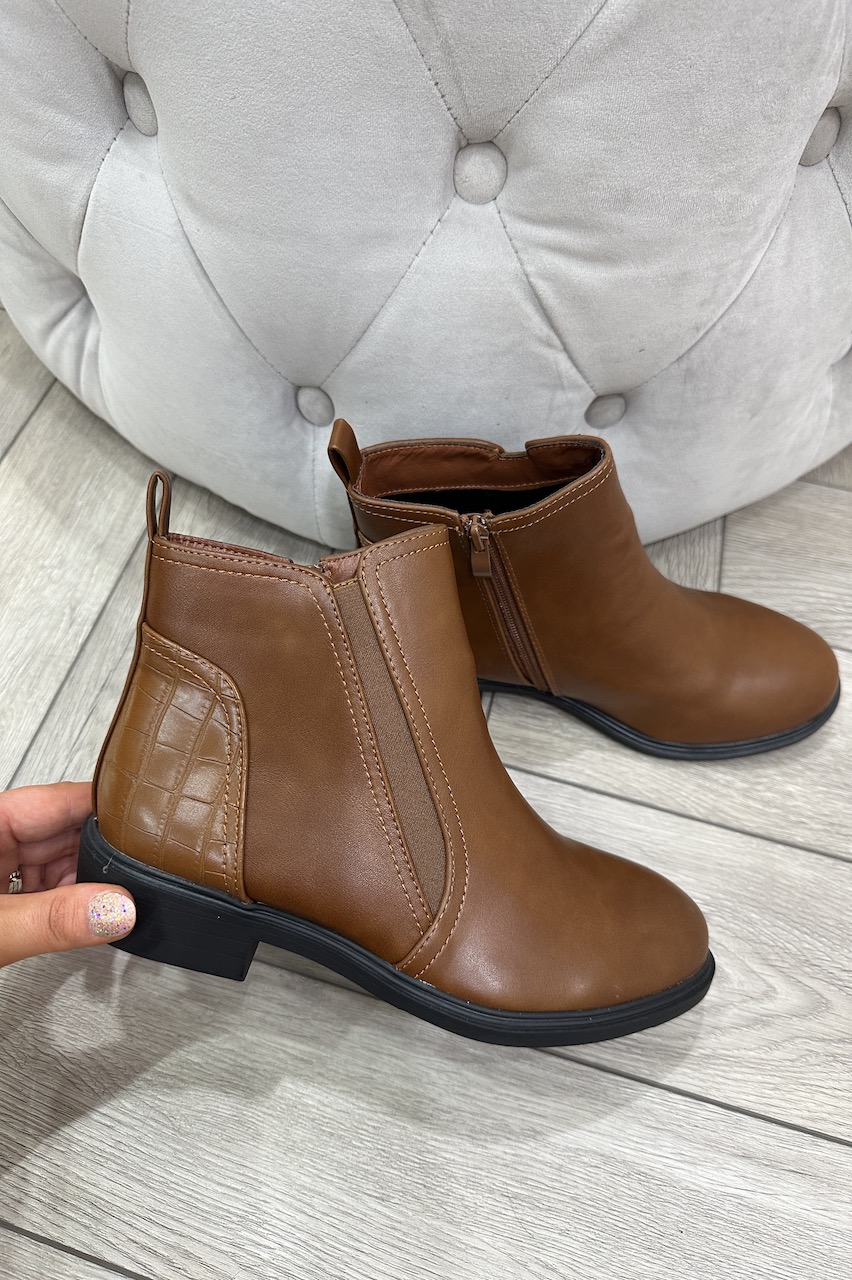 Aspen Tan Ankle Boots With Croc Detail