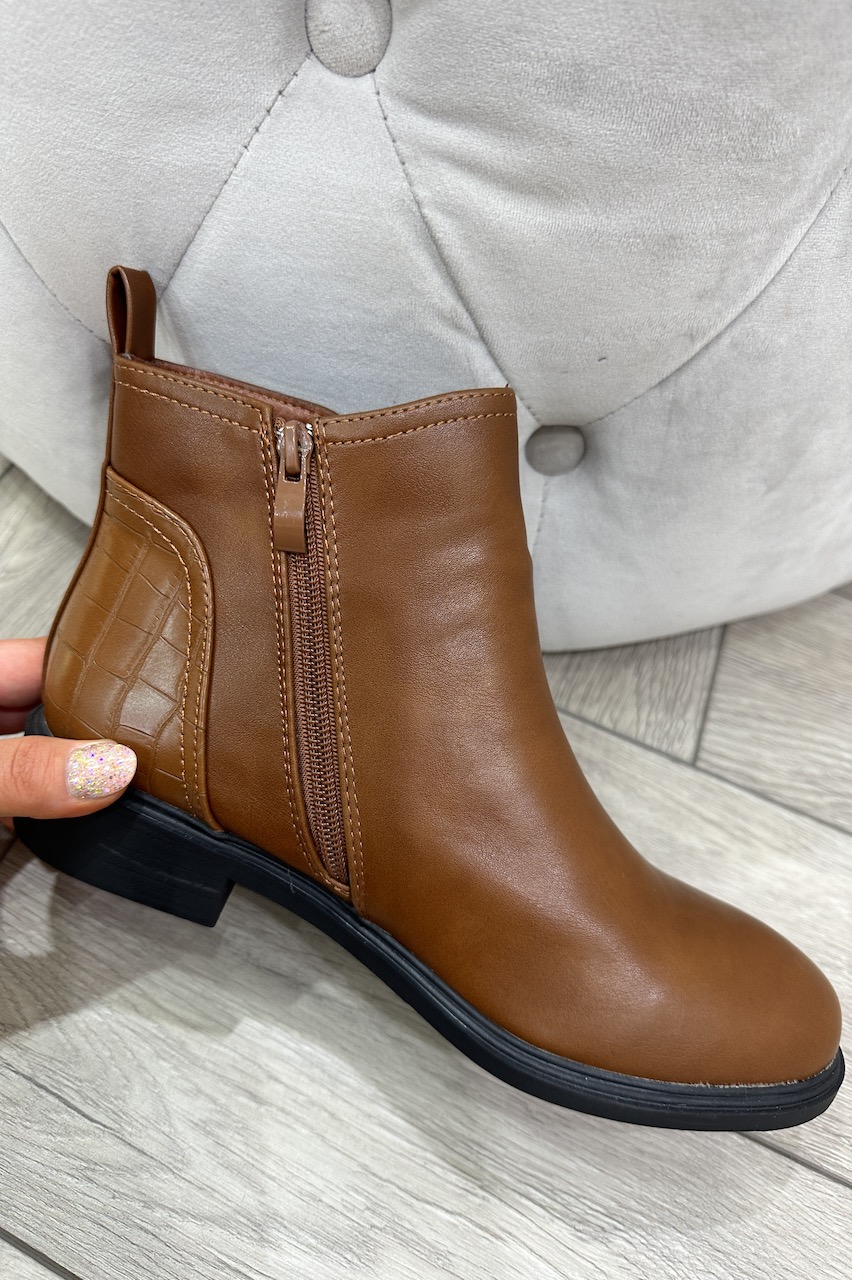 Aspen Tan Ankle Boots With Croc Detail