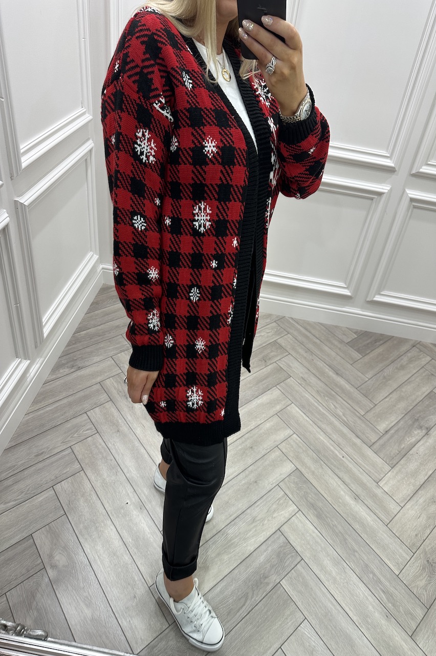 Red Check Snowflake Christmas Cardigan