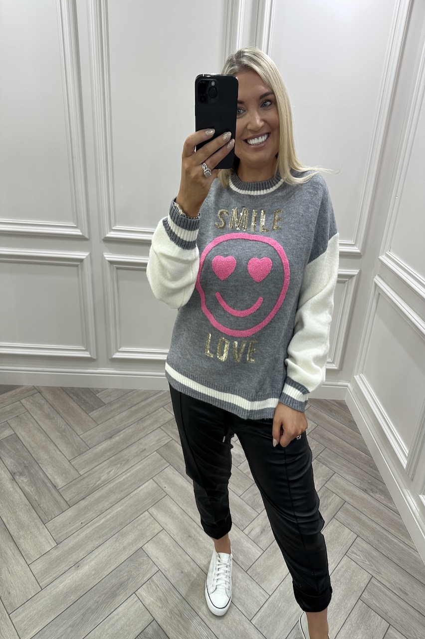 Grey & Cream Smile Love Knitted Jumper 