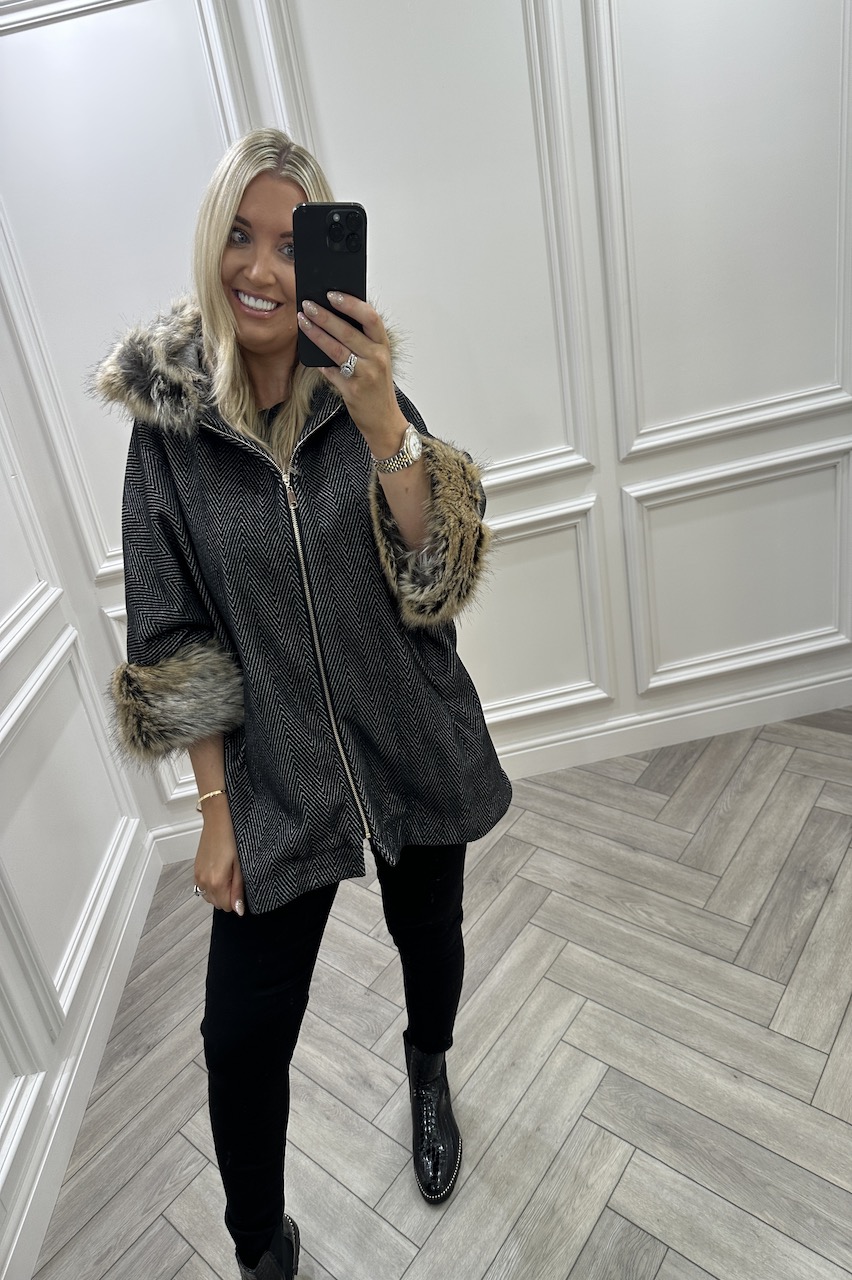 Grey Sterling Hooded Coat with Faux Fur