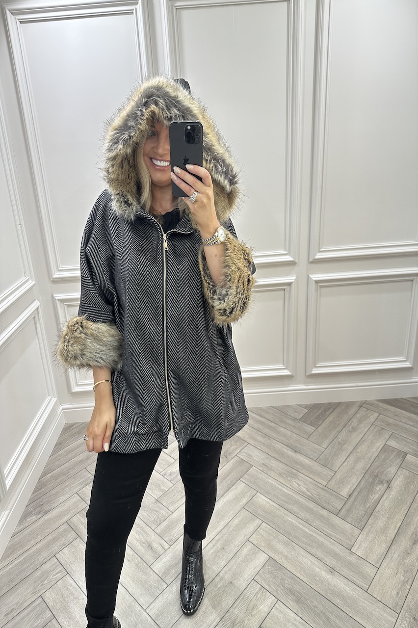 Grey Sterling Hooded Coat with Faux Fur