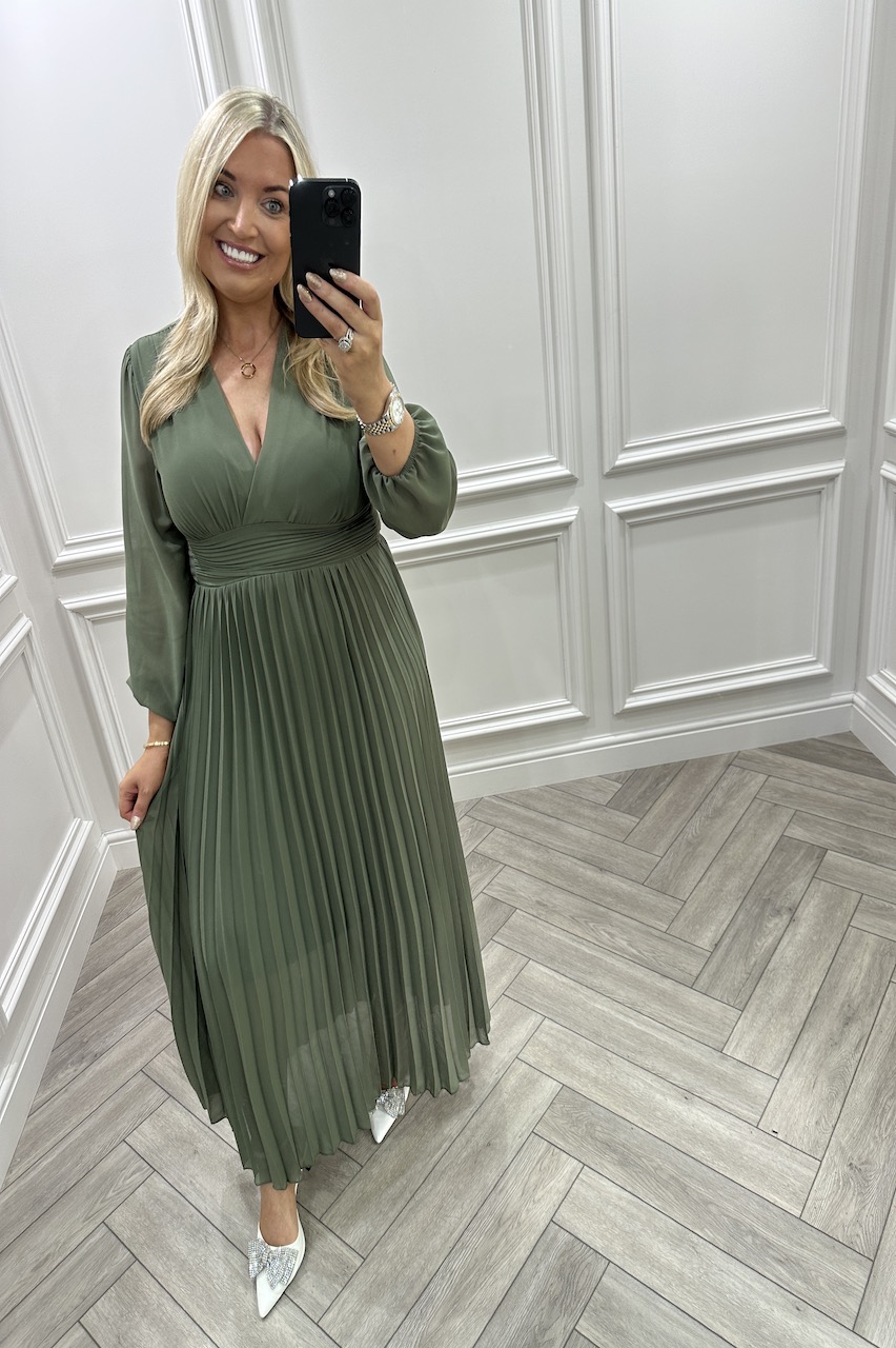 Lux Khaki Glamour  Pleated  Midi  Dress