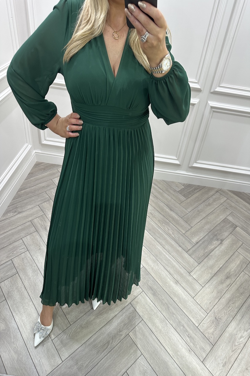 Lux Emerald Glamour  Pleated  Midi  Dress