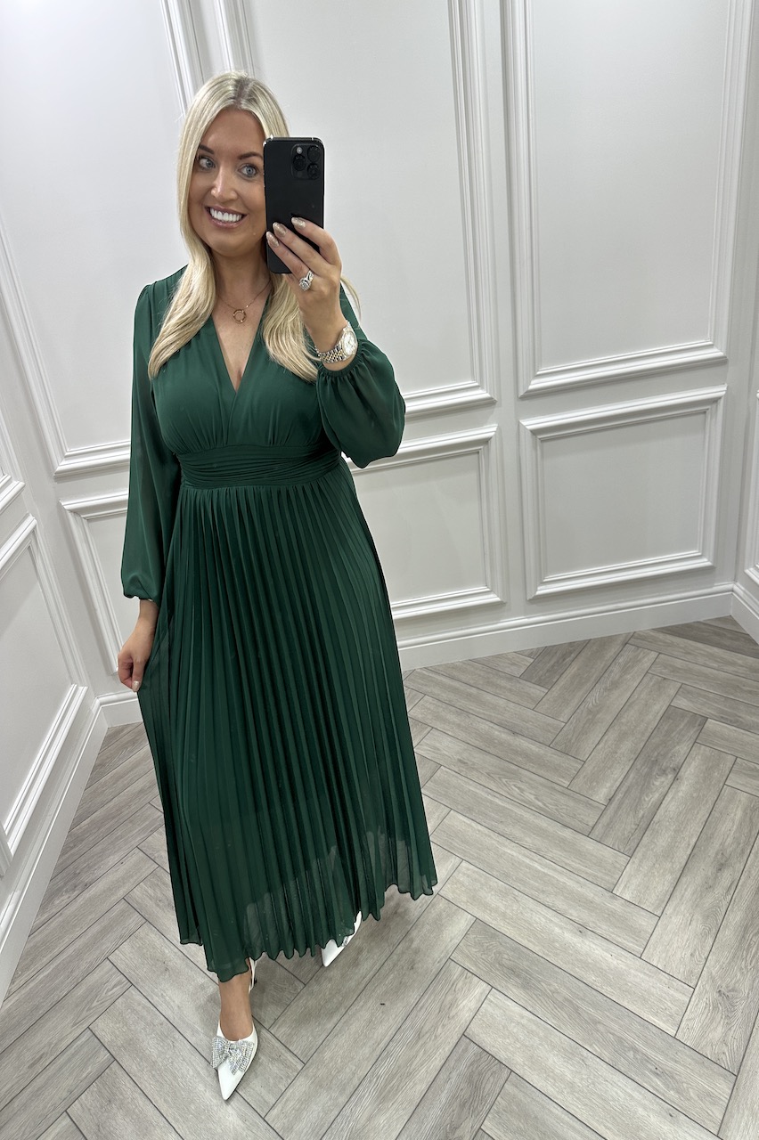 Lux Emerald Glamour  Pleated  Midi  Dress