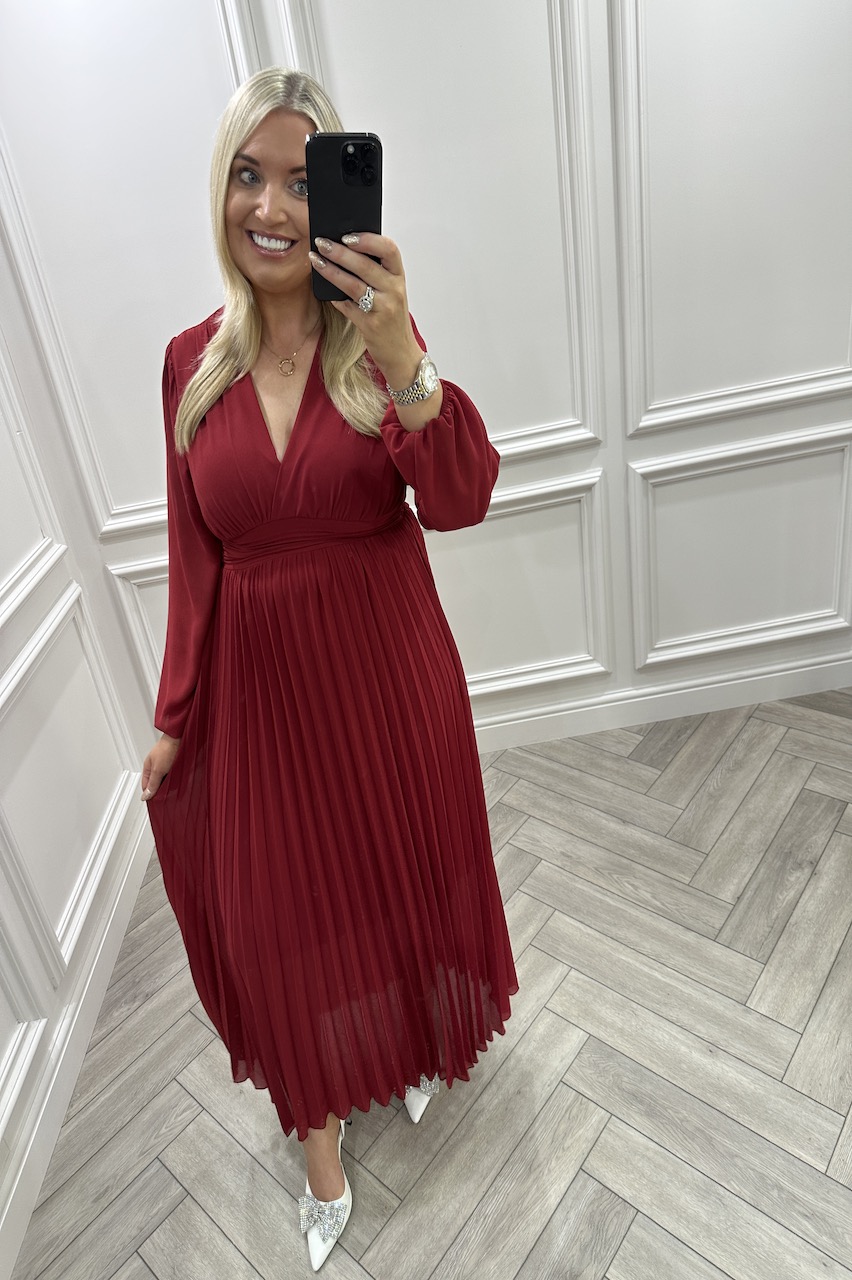  Lux Red Glamour  Pleated  Midi  Dress