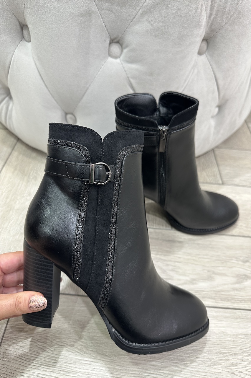 Riley Black Glitter Ankle Boots With Heel