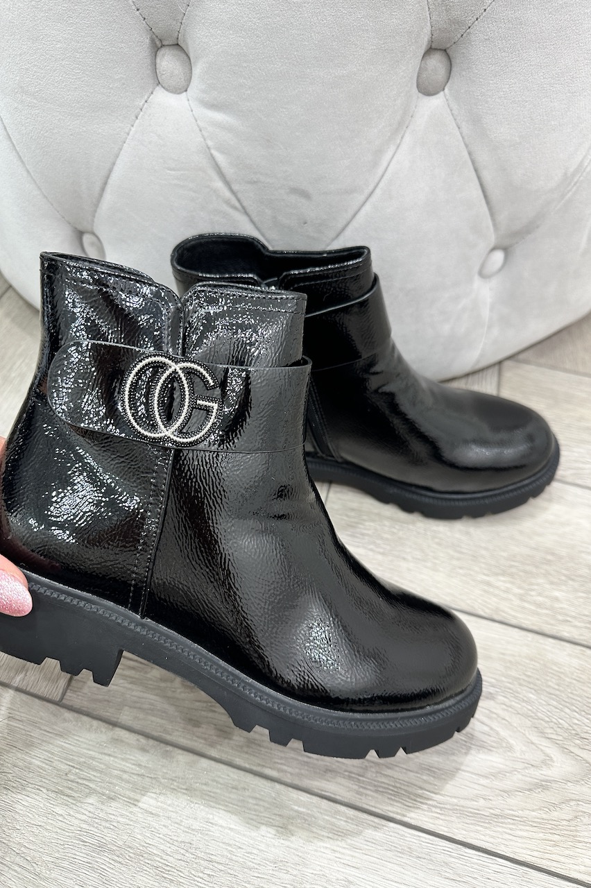 Kallie Patent Black Ankle  Boots