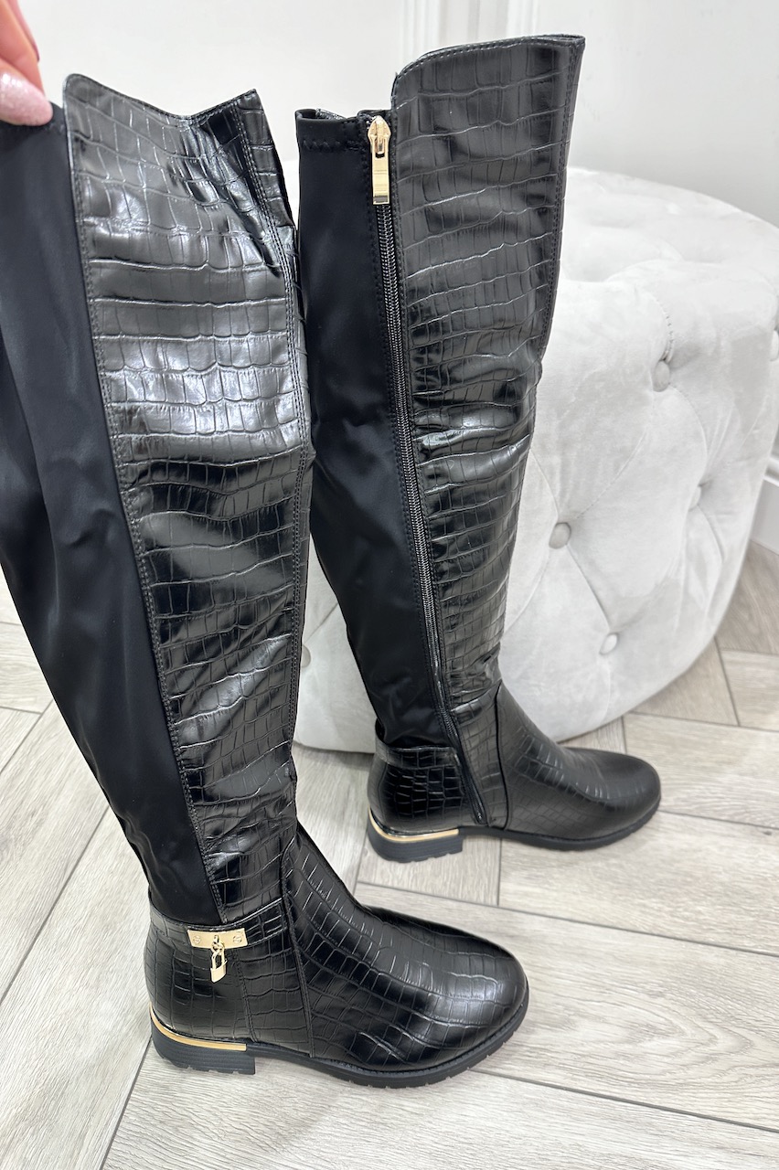 Quant Black Croc Over Knee Boots 