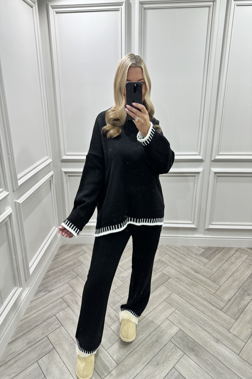 Lucia Black Contrast Stitch Detail Loungewear Set