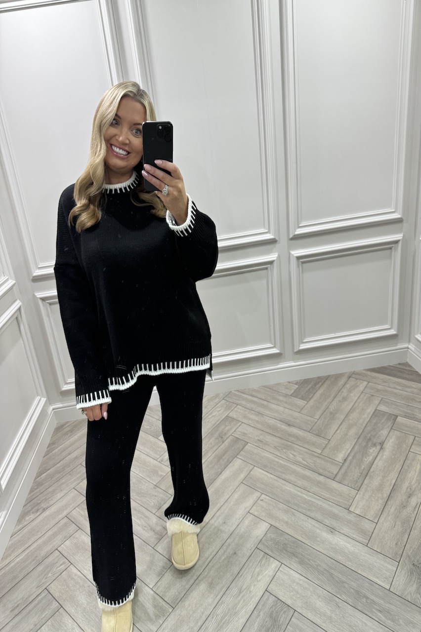 Lucia Black Contrast Stitch Detail Loungewear Set