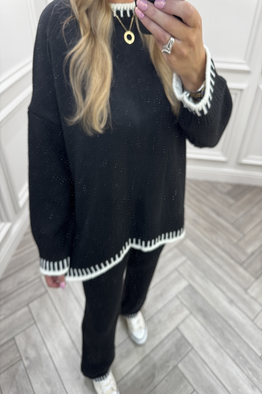 Lucia Black Contrast Stitch Detail Loungewear Set