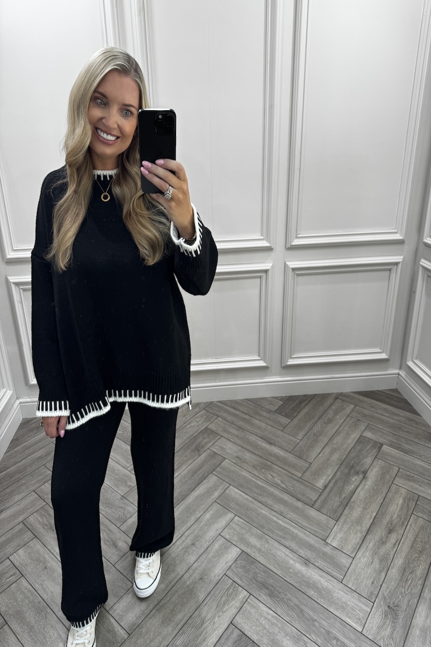 Lucia Black Contrast Stitch Detail Loungewear Set